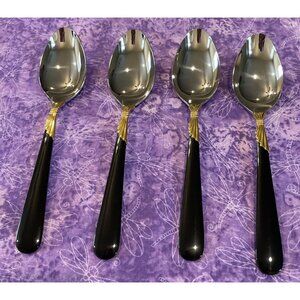 Yamazaki Lindi Oval Soup Spoons Stainless Black‎ Handle Gold Accent Set Of 4 VTG